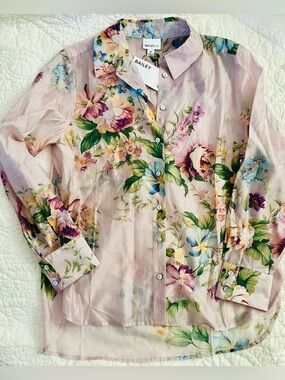 NWT Bailey 44 Pastel Watercolor Floral Shell Buttons Shirt Sheer
